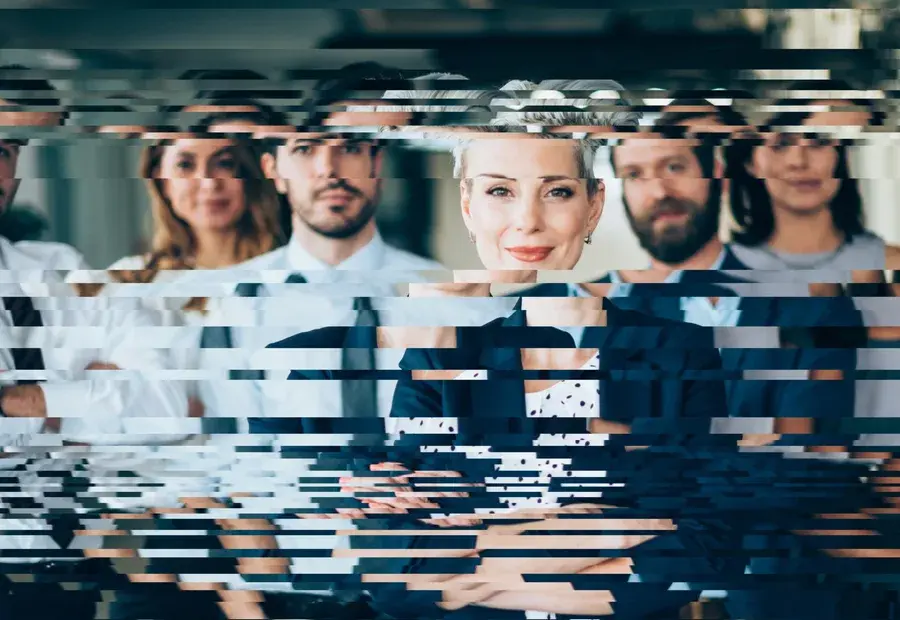 Glitched image of a senior woman leader standing in front of a business group